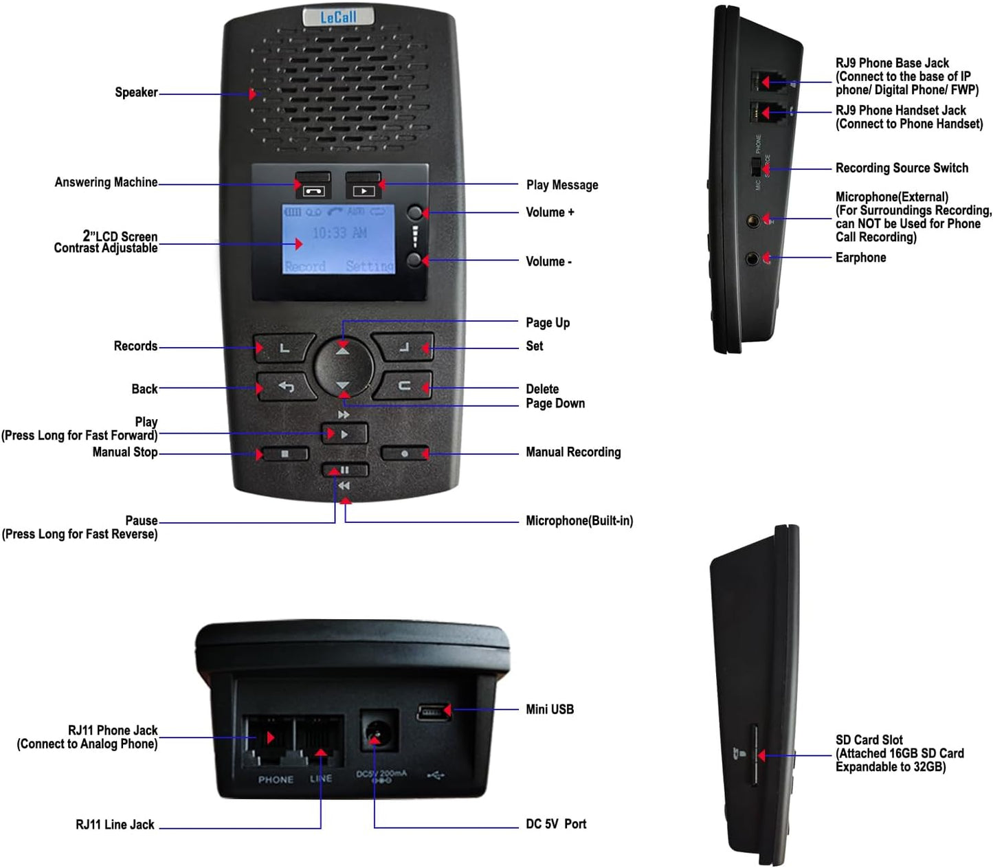 Standalone Telephone Recorder/Phone Call Recorder/Call Recording Device for Analog Landline and Digital/IP Phones