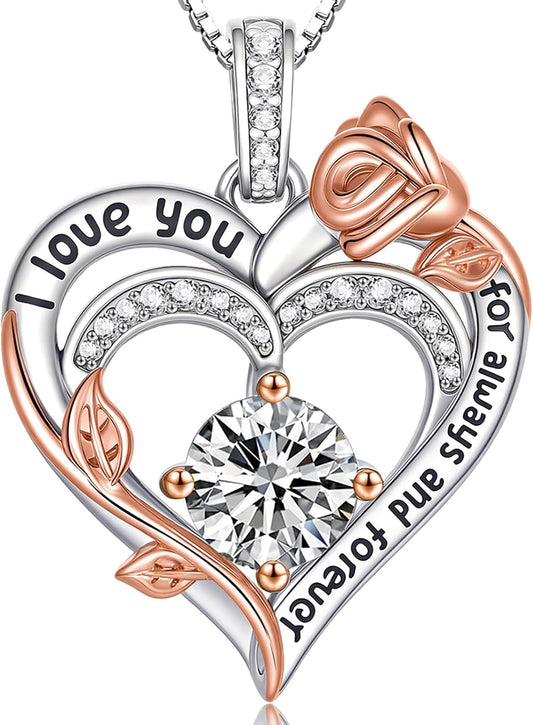 Rose Heart Necklaces for Women, Says 'I Love You', April Stone S925 Sterling Silver Jewelry