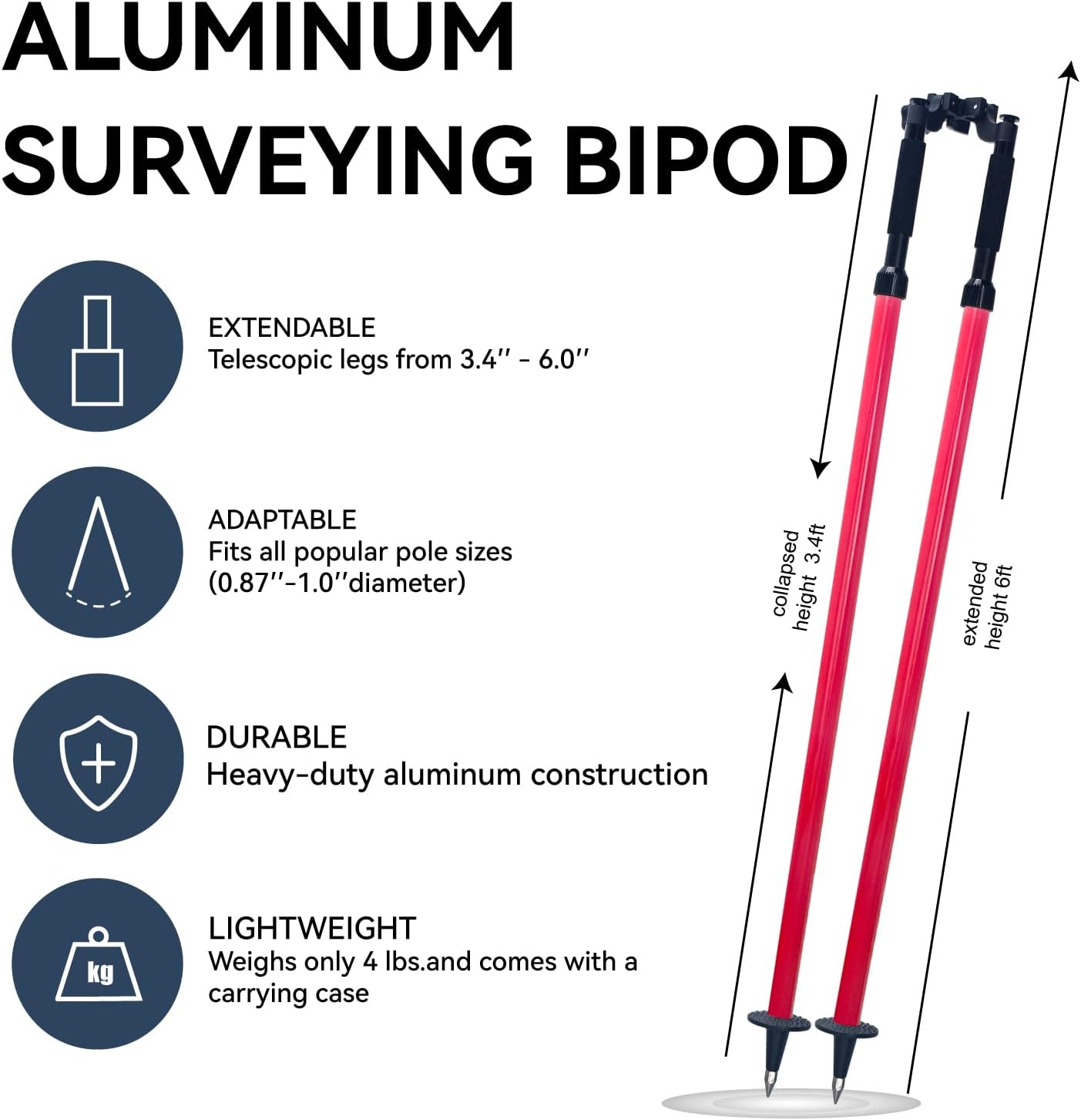Aluminum Bipod, Adjustable Height, 5.9FT/1.8M Extended Length, Surveying Bipod for Prism Poles