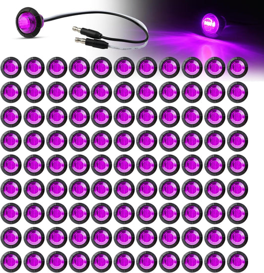 Mini Round Purple Button Side Marker Lights, 100 Pcs, 3/4 Inch LED with Connector Plugs