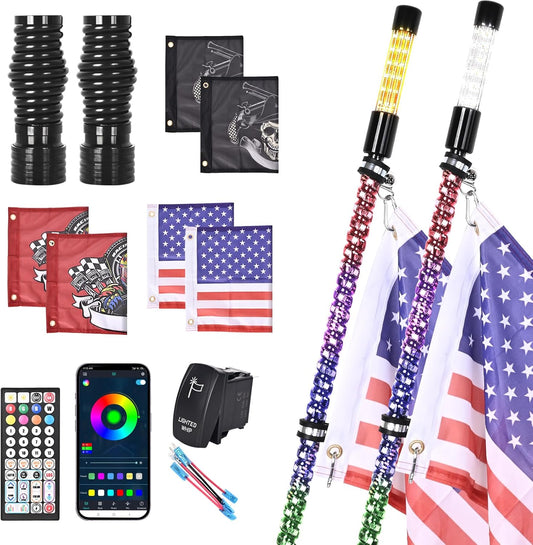 2PCS 3FT LED Whip Light and Blare Flash Light Kit with Spring Base, Spiral RGB Chase and Music Lights Whips with Rocker Switch