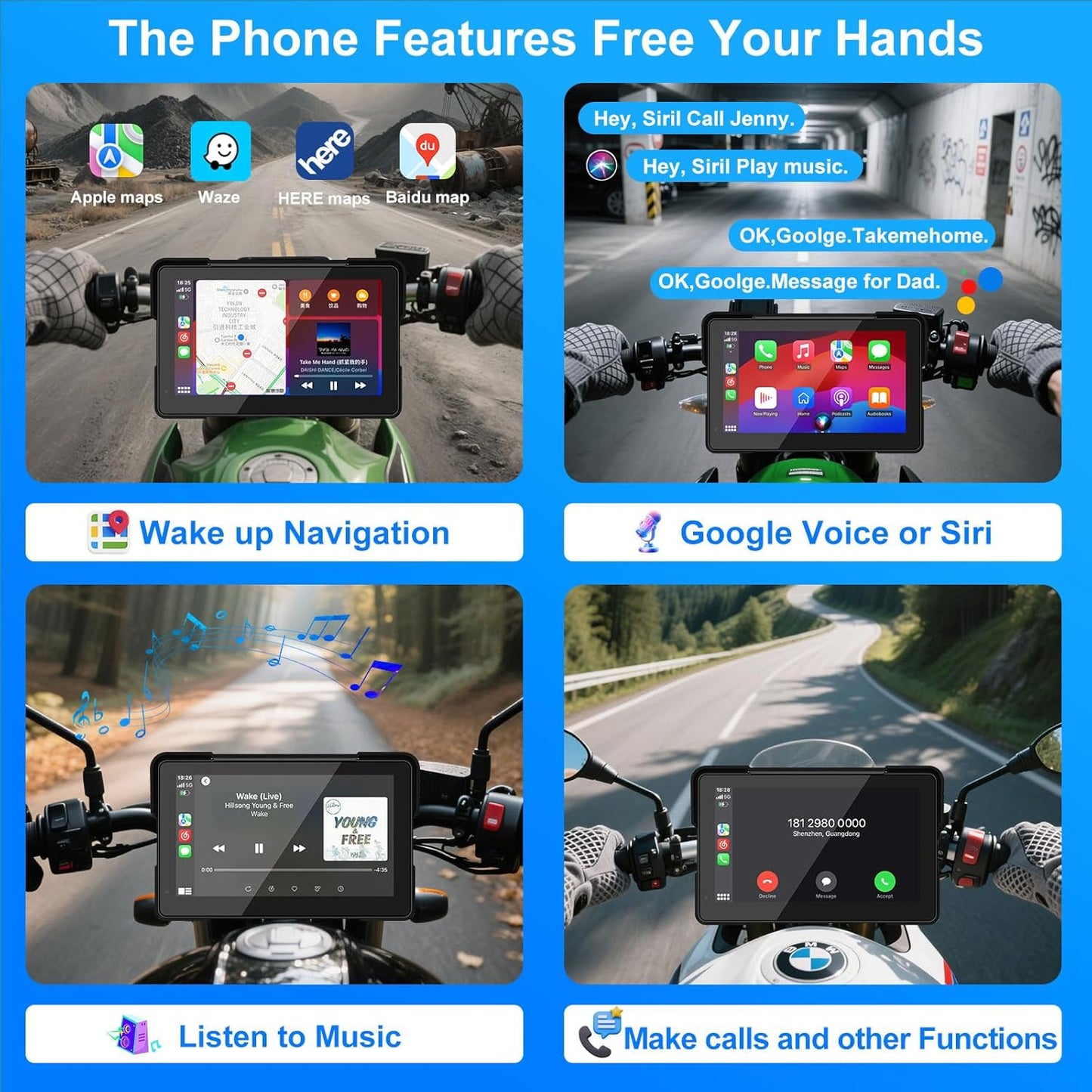 YZW MT700 7 Inch Wireless Motorcycle Carplay GPS Navigation System with Apple Carplay and Android Auto, Portable Moto Car Pla