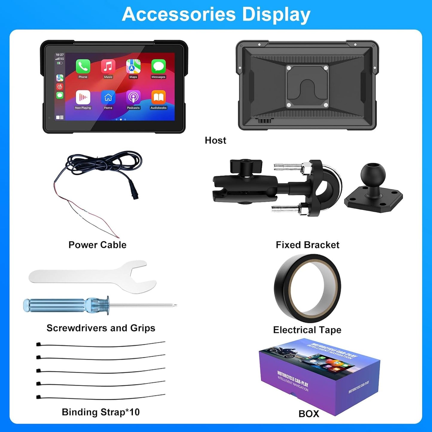 YZW MT700 7 Inch Wireless Motorcycle Carplay GPS Navigation System with Apple Carplay and Android Auto, Portable Moto Car Pla
