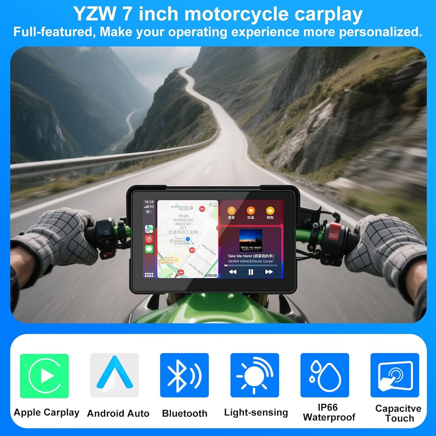 YZW MT700 7 Inch Wireless Motorcycle Carplay GPS Navigation System with Apple Carplay and Android Auto, Portable Moto Car Pla
