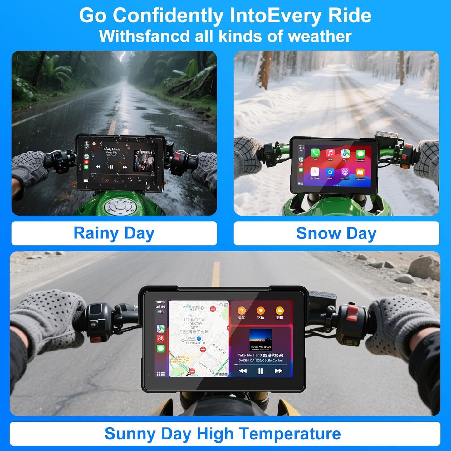 YZW MT700 7 Inch Wireless Motorcycle Carplay GPS Navigation System with Apple Carplay and Android Auto, Portable Moto Car Pla