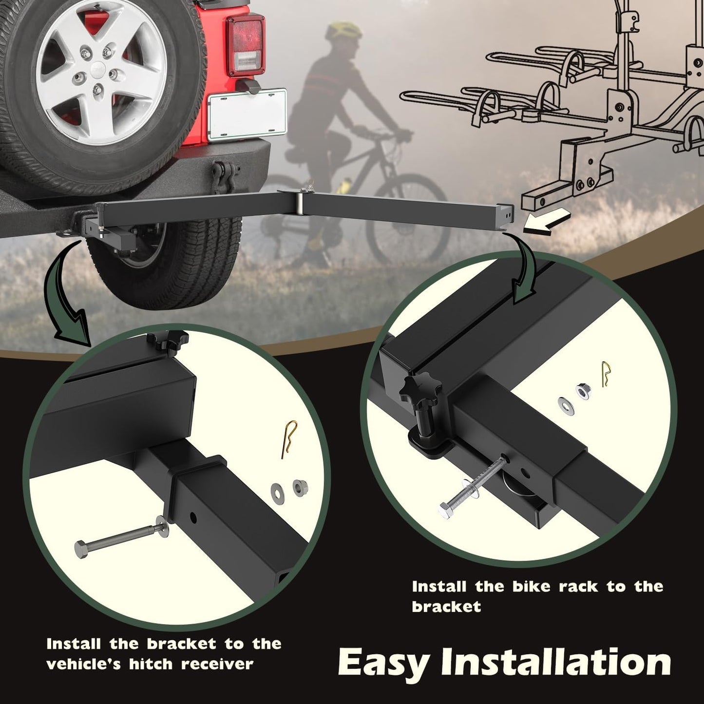 Swing Away Bike Rack Hitch Mount Extension 2' Receiver, Heavy Duty Bicycle Rack Swing Away Hitch Mount