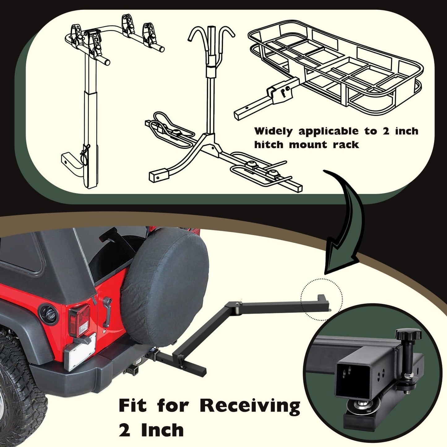 Swing Away Bike Rack Hitch Mount Extension 2' Receiver, Heavy Duty Bicycle Rack Swing Away Hitch Mount