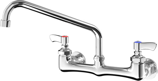 Wall Mount Kitchen Faucet, 8 Inch Center Commercial Faucet with 12 Inches Swivel Spout, Chrome Dual Handle