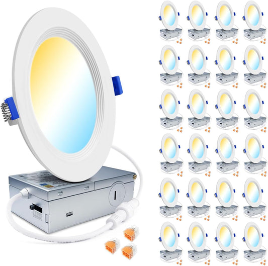 24 Pack Ultra-Thin LED Recessed Ceiling Light with Junction Box 5CCT Adjustable Dimmable Can-Killer Downlight
