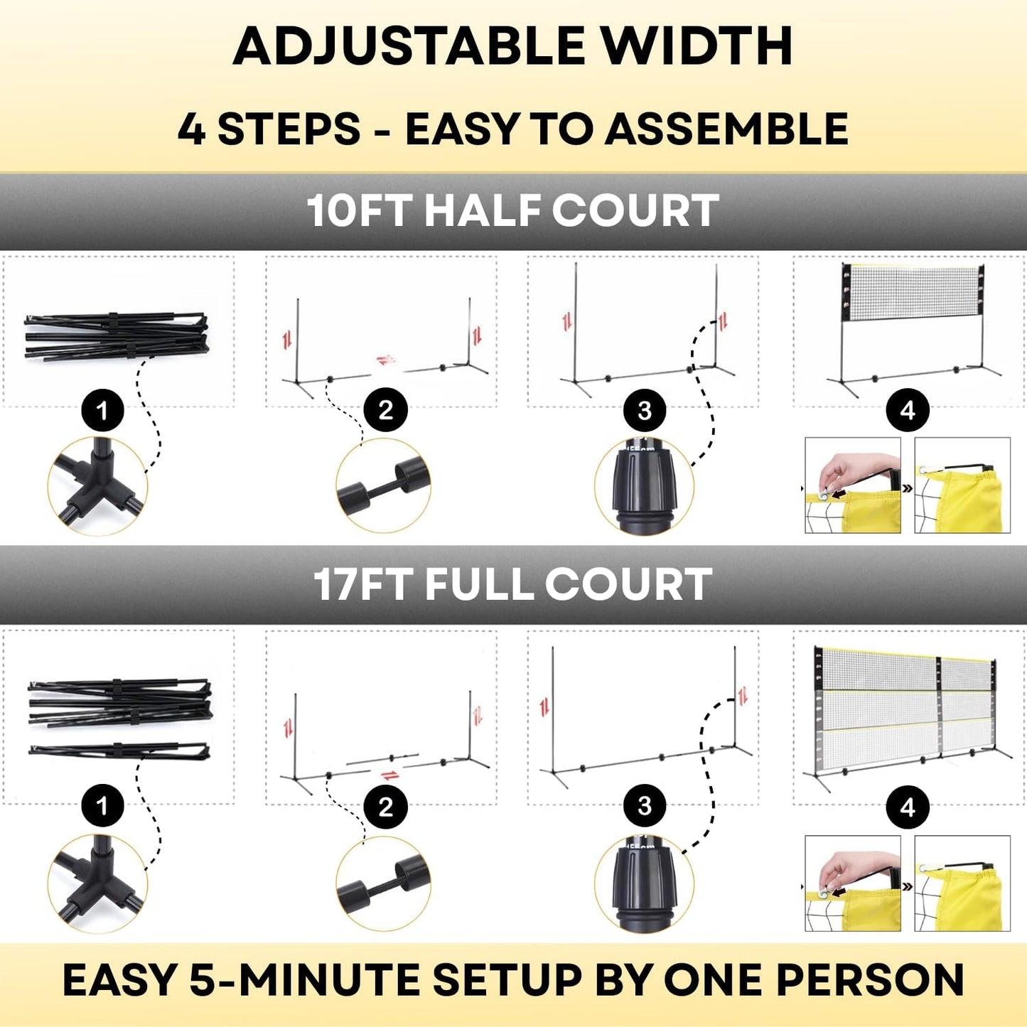Complete Badminton Sets, Adjustable Width and Height, Badminton Pickleball Volleyball Set with Net, Accessories