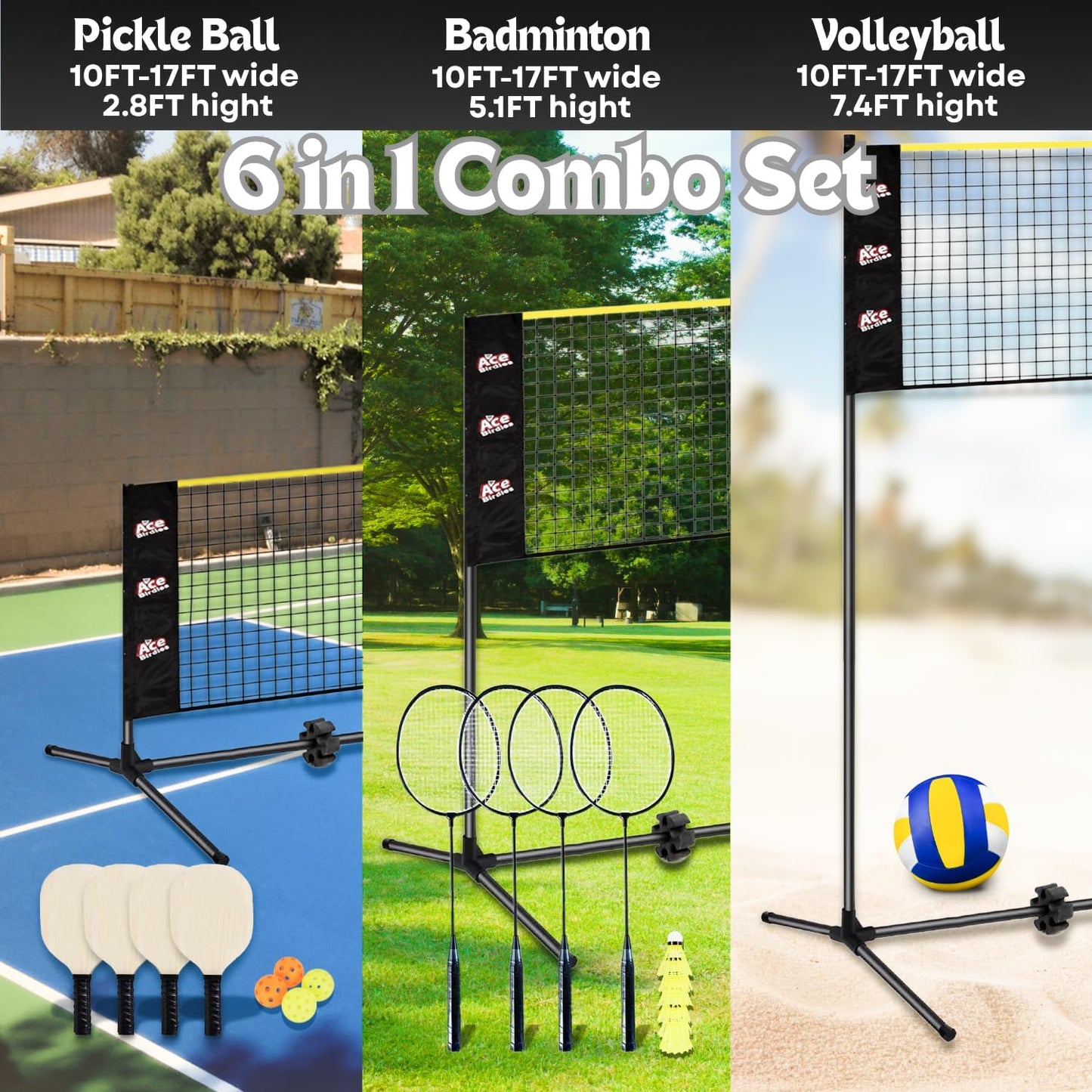 Complete Badminton Sets, Adjustable Width and Height, Badminton Pickleball Volleyball Set with Net, Accessories