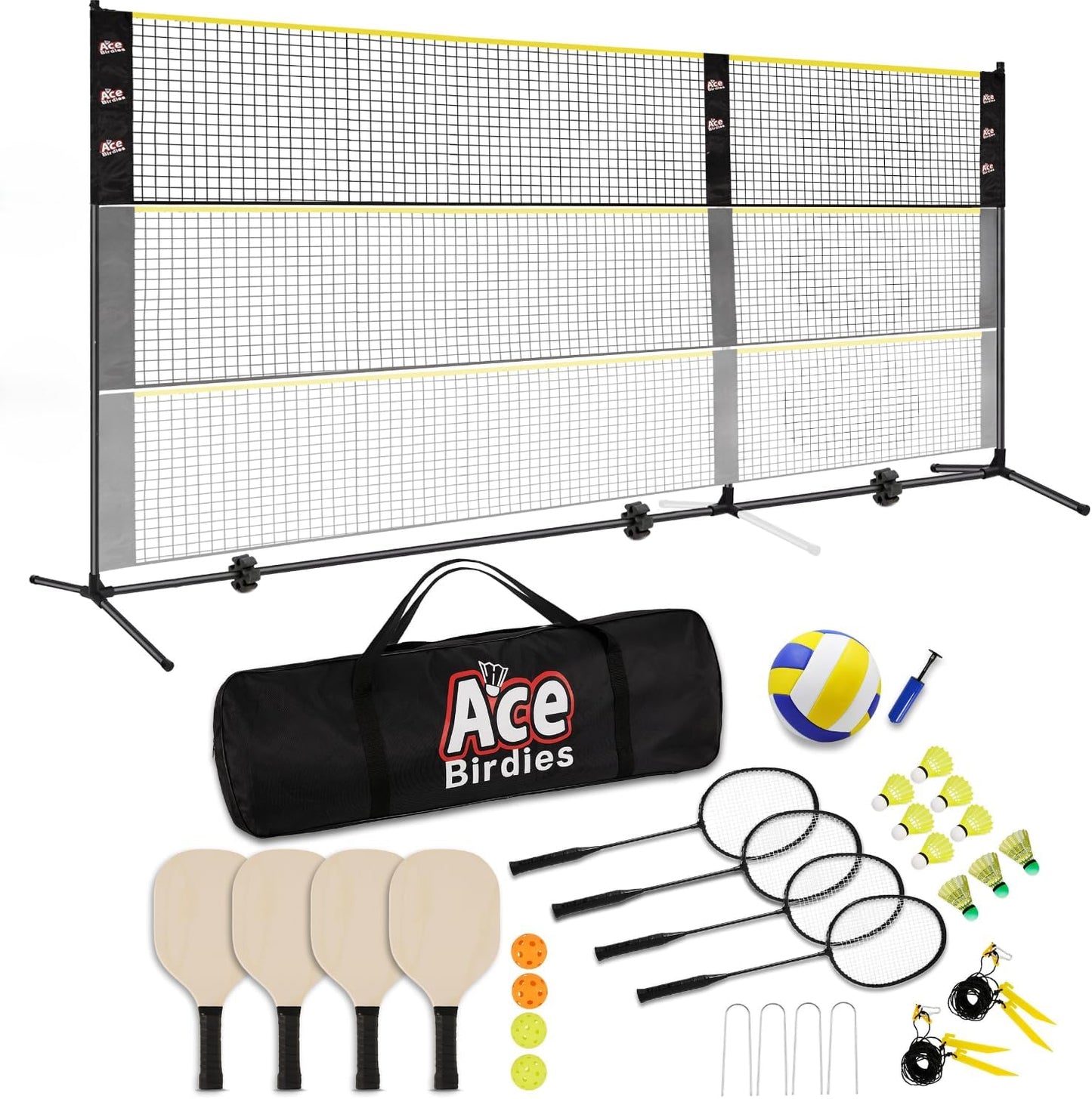 Complete Badminton Sets, Adjustable Width and Height, Badminton Pickleball Volleyball Set with Net, Accessories