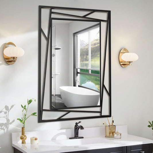 Black Decorative Mirror, 36'X24' Decorative Wall Mirrors with Geometric Metal Frame