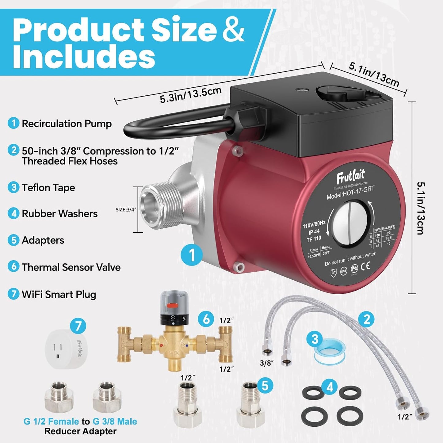 Hot Water Recirculating Pump Kit for Tank Water Heaters, 3-Speed Pump, Thermostatic Bypass Valve, WiFi Smart Plug