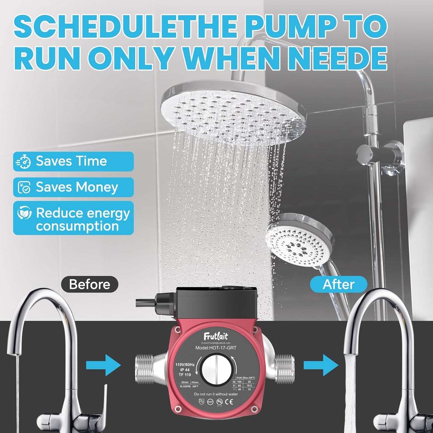 Hot Water Recirculating Pump Kit for Tank Water Heaters, 3-Speed Pump, Thermostatic Bypass Valve, WiFi Smart Plug