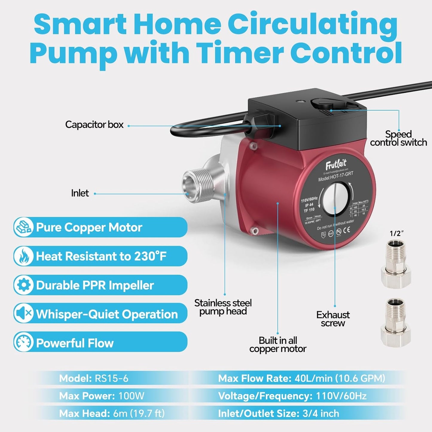 Hot Water Recirculating Pump Kit for Tank Water Heaters, 3-Speed Pump, Thermostatic Bypass Valve, WiFi Smart Plug