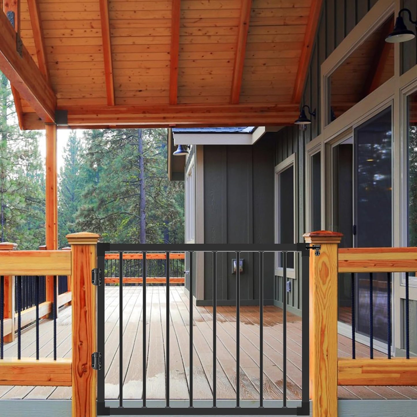 Outdoor Deck Fence Gate  Black Heavy Duty Steel Anti-Rust Door with Adjustable Width (Up to 48')