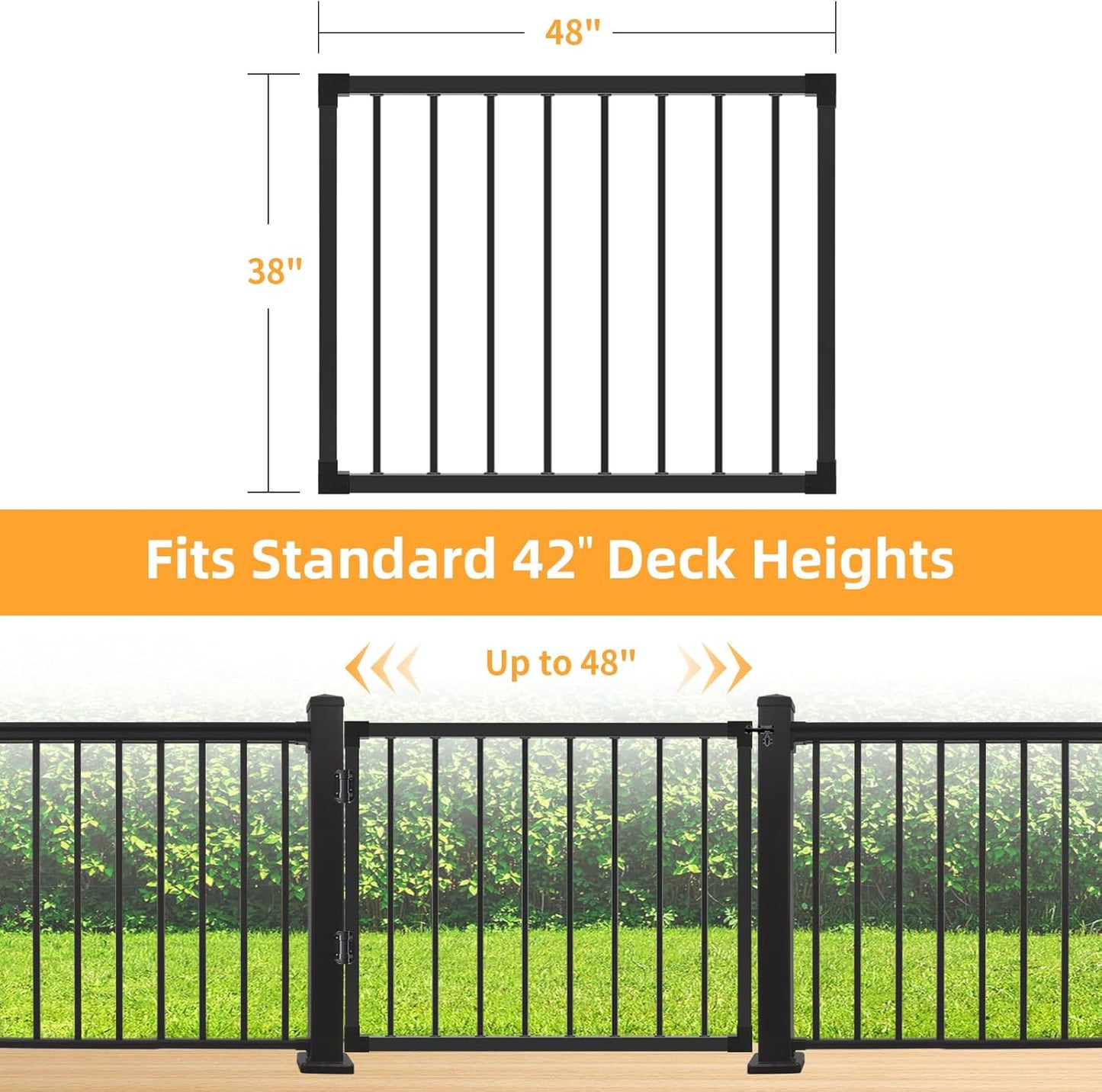 Outdoor Deck Fence Gate  Black Heavy Duty Steel Anti-Rust Door with Adjustable Width (Up to 48')
