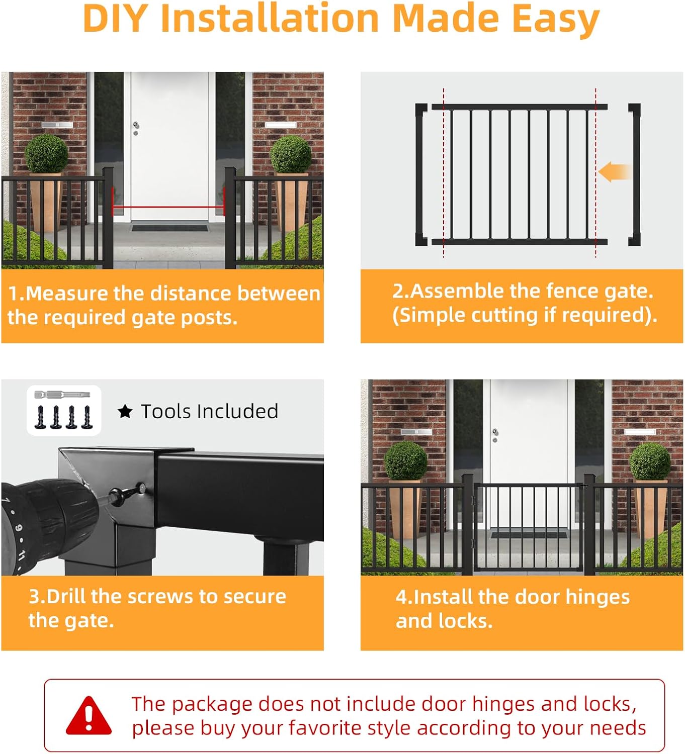 Outdoor Deck Fence Gate  Black Heavy Duty Steel Anti-Rust Door with Adjustable Width (Up to 48')