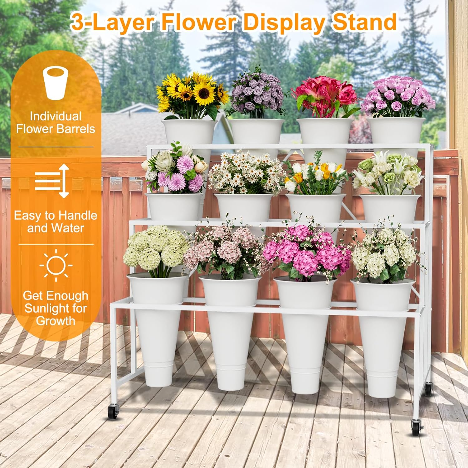 Flower Stand, 3-Tier Flower Display Stand with Buckets for
