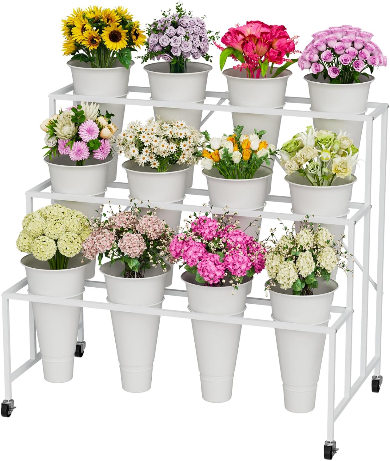 Flower Stand, 3-Tier Flower Display Stand with Buckets for Indoor Outdoor, Flower Cart with wheels