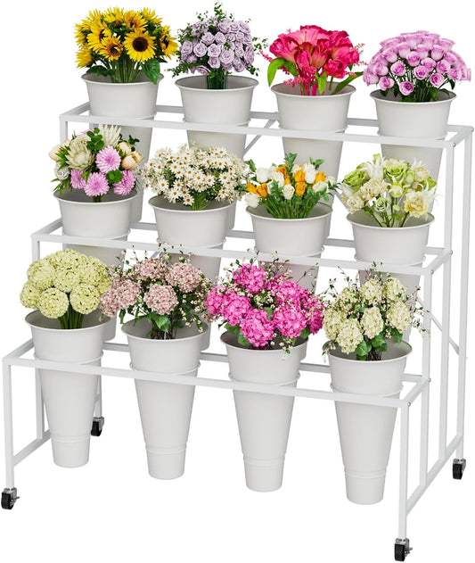 Flower Stand, 3-Tier Flower Display Stand with Buckets for Indoor Outdoor, Flower Cart with wheels
