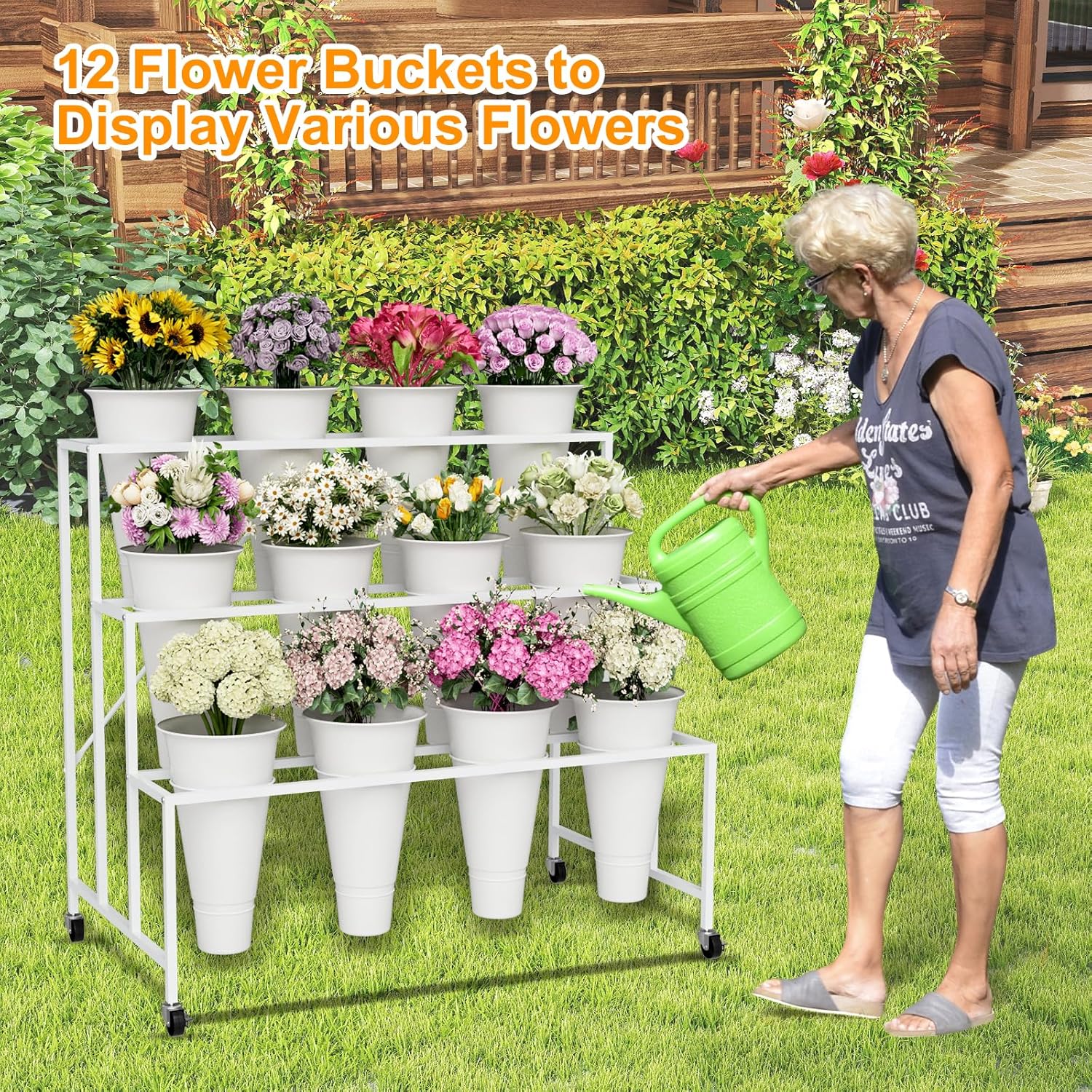 Flower Stand, 3-Tier Flower Display Stand with Buckets for