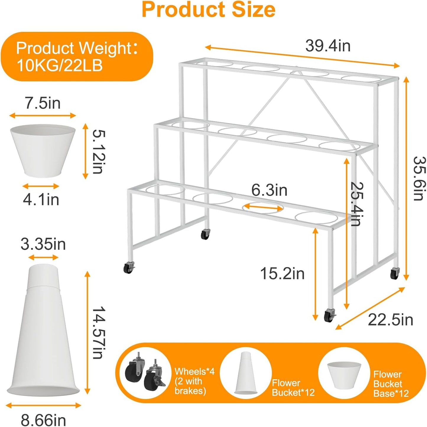 Flower Stand, 3-Tier Flower Display Stand with Buckets for Indoor Outdoor, Flower Cart with wheels