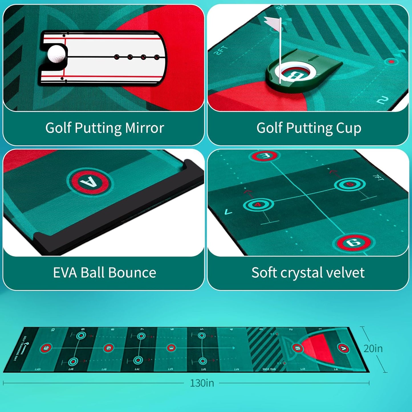 Golf Putting Mat Putting Green, Indoor/Outdoor Training Aid with Putting Cup, Putting Mirror