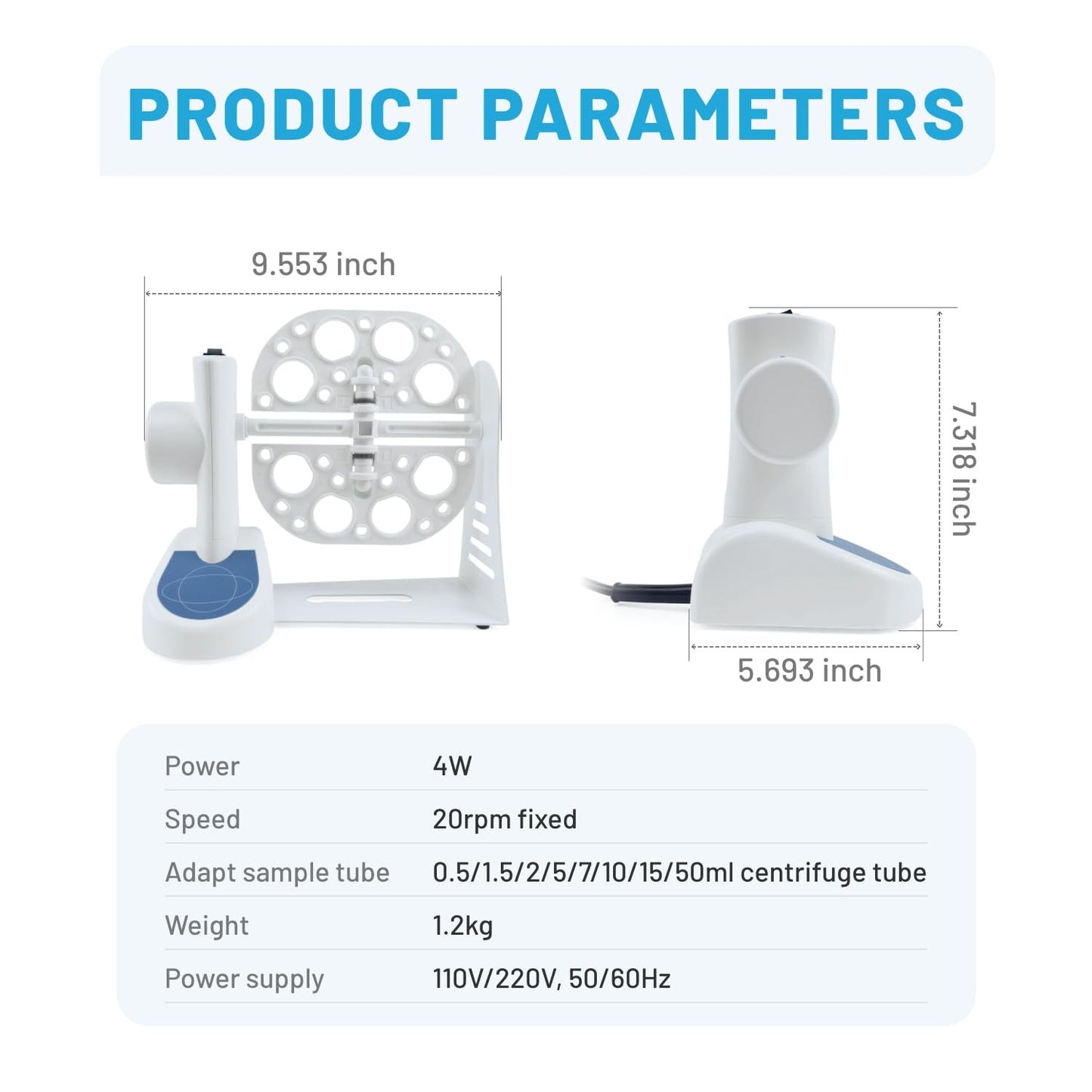 VISOSCI 3D Tube Rotator Speed with Fixed Speed 20RPM for Sample Mixing, Tube Mixer with 3 Clamps for 0.5/1.5/2/5/7/10/15/50ml Tubes