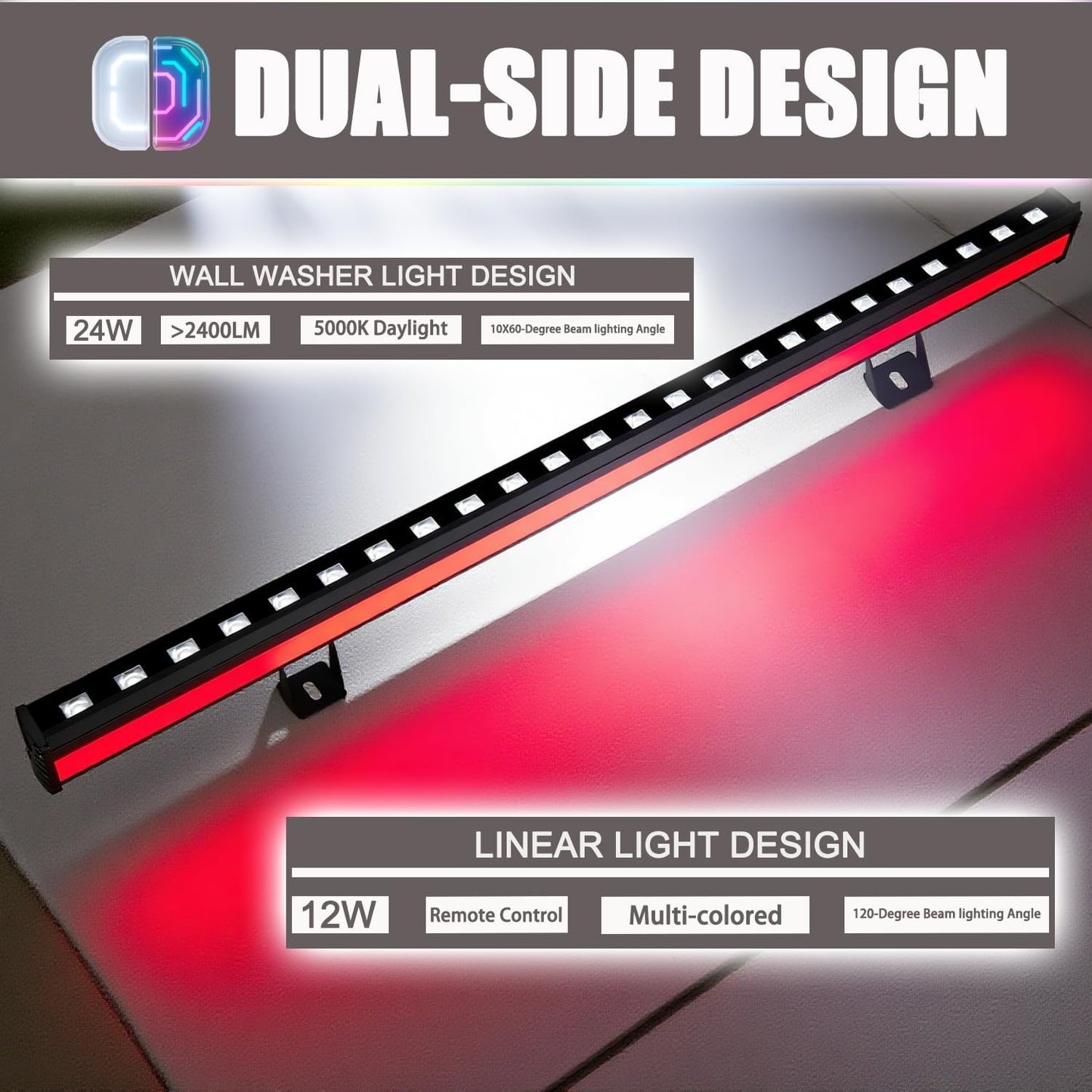 Dual-Sided LED Wall Washer Lights, 24W 5000K Daylight Wall Washer Light Bar, 12W RGBW Dimmable Linear