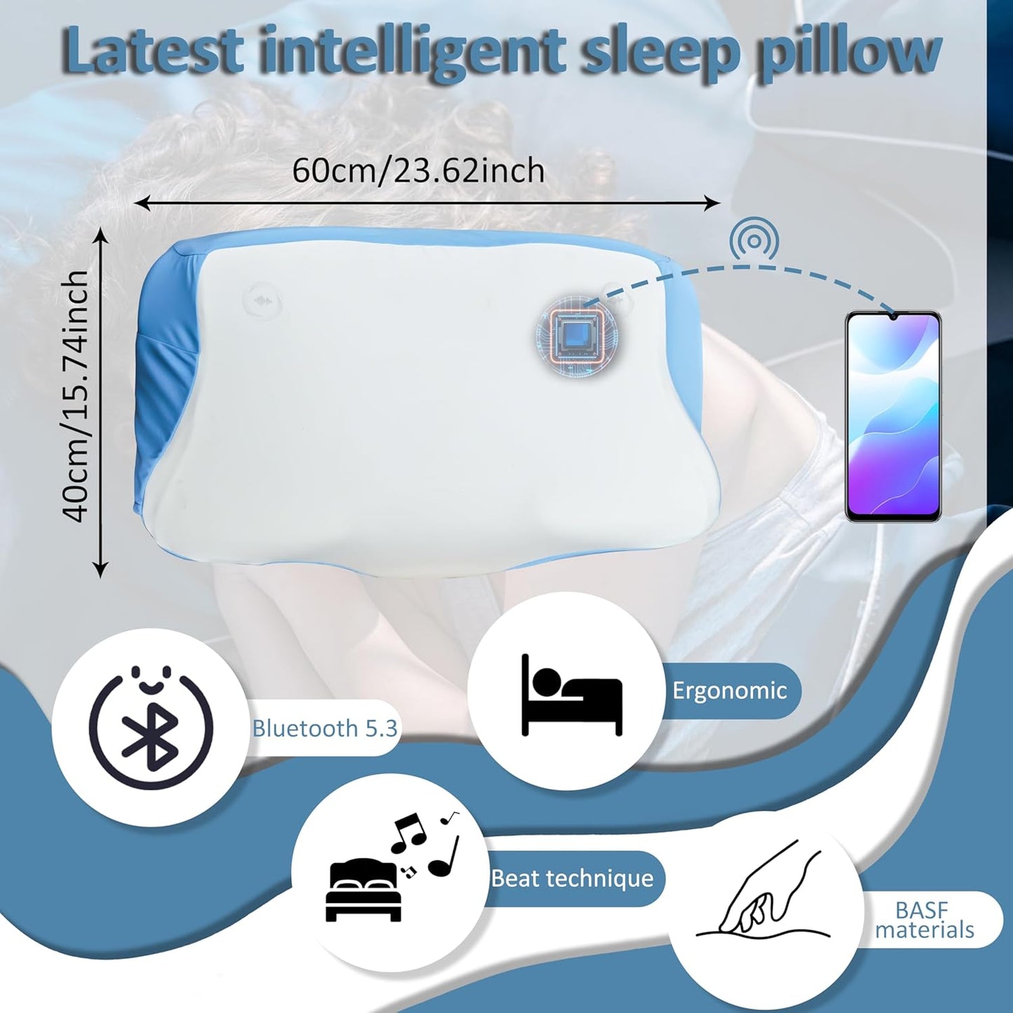 Smart Sleep Pillow for Sleep Aid, Cooling Breathable Memory Foam Pillow, with Three Sleep Aid Sound Options