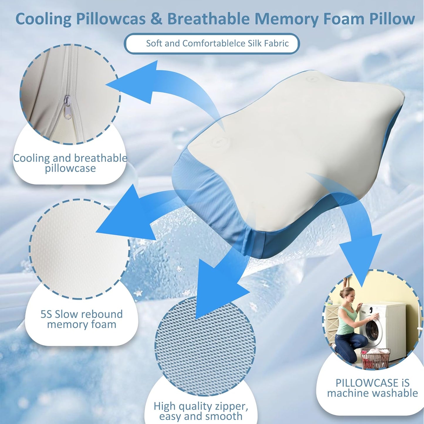 Smart Sleep Pillow for Sleep Aid, Cooling Breathable Memory Foam Pillow, with Three Sleep Aid Sound Options