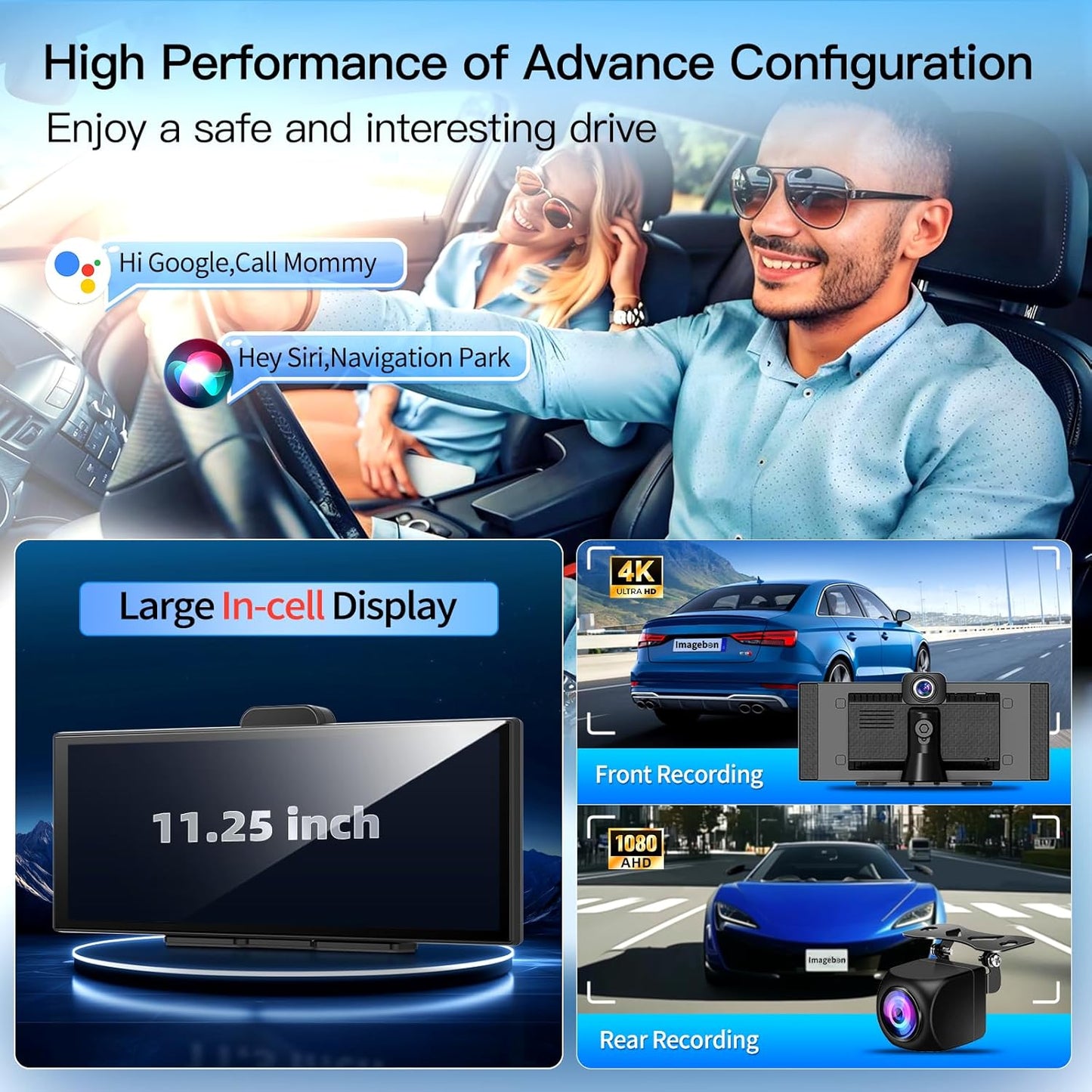 11.25' in-Cell Large Display, Wireless Apple CarPlay and Android Auto for Car, 1920 * 720 with 4K Dash Cam