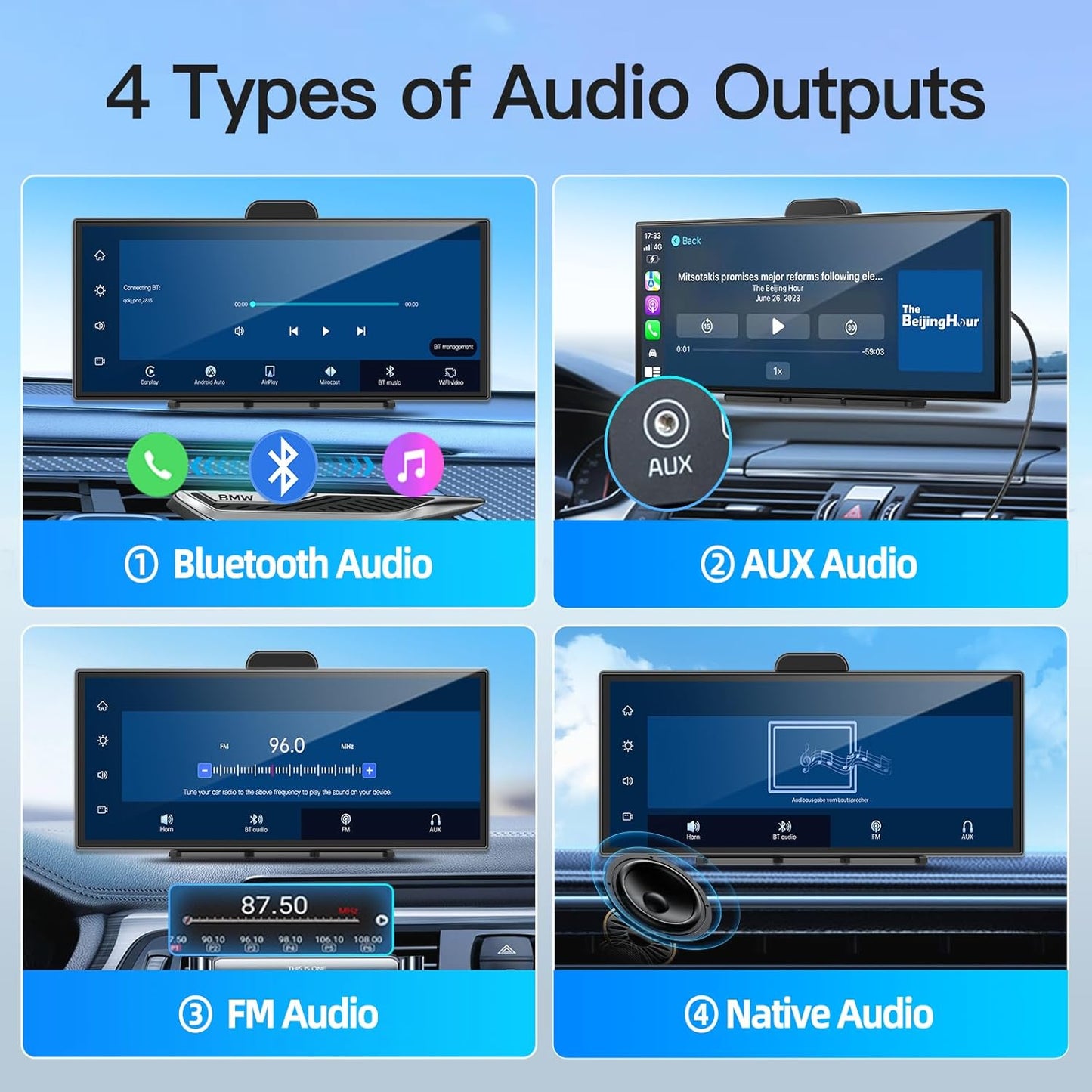 11.25' in-Cell Large Display, Wireless Apple CarPlay and Android Auto for Car, 1920 * 720 with 4K Dash Cam