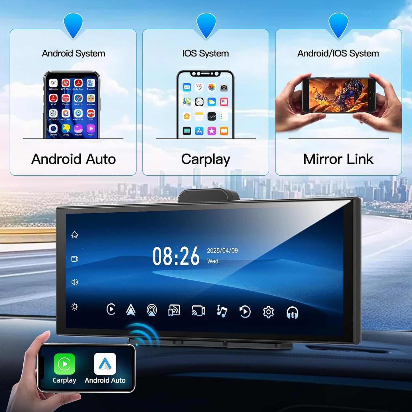 11.25' in-Cell Large Display, Wireless Apple CarPlay and Android Auto for Car, 1920 * 720 with 4K Dash Cam