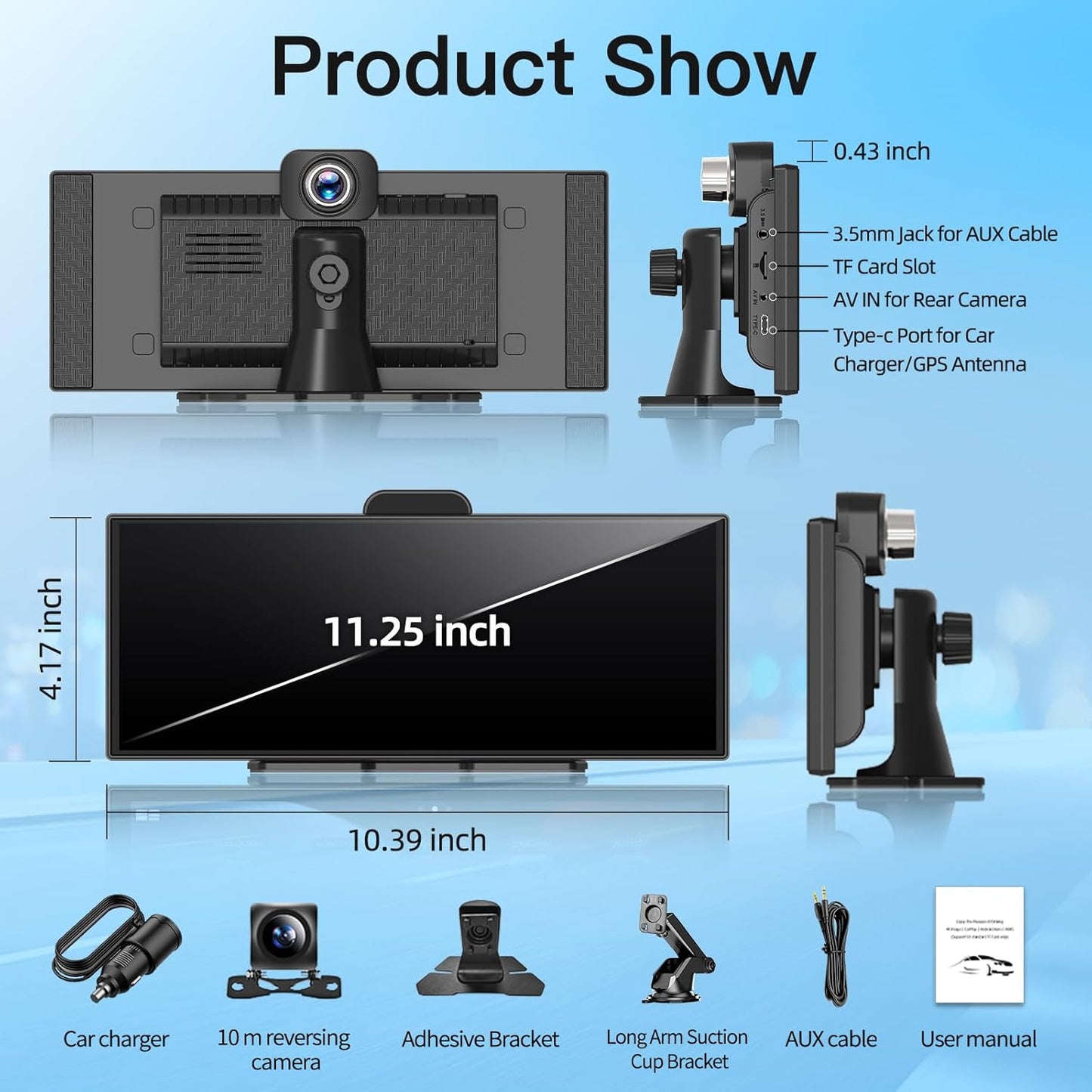 11.25' in-Cell Large Display, Wireless Apple CarPlay and Android Auto for Car, 1920 * 720 with 4K Dash Cam