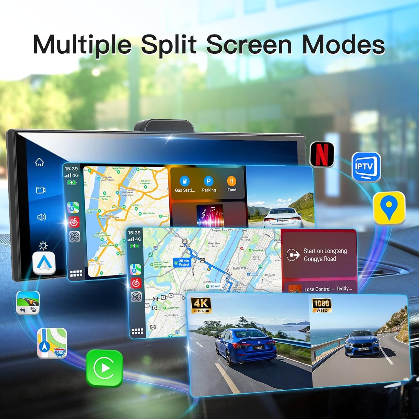 11.25' in-Cell Large Display, Wireless Apple CarPlay and Android Auto for Car, 1920 * 720 with 4K Dash Cam