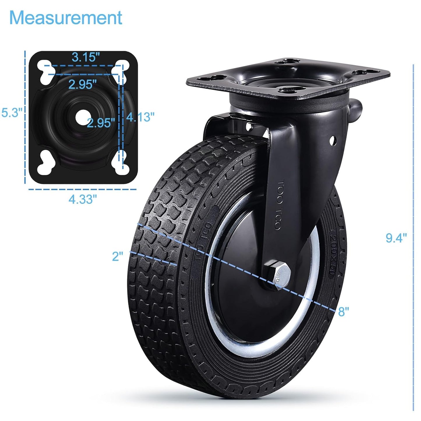8 Inch Heavy Duty Caster Wheels Set of 4 (2 Swivel, 2 Fixed) 3200LBS Capacity Industrial Rubber Casters