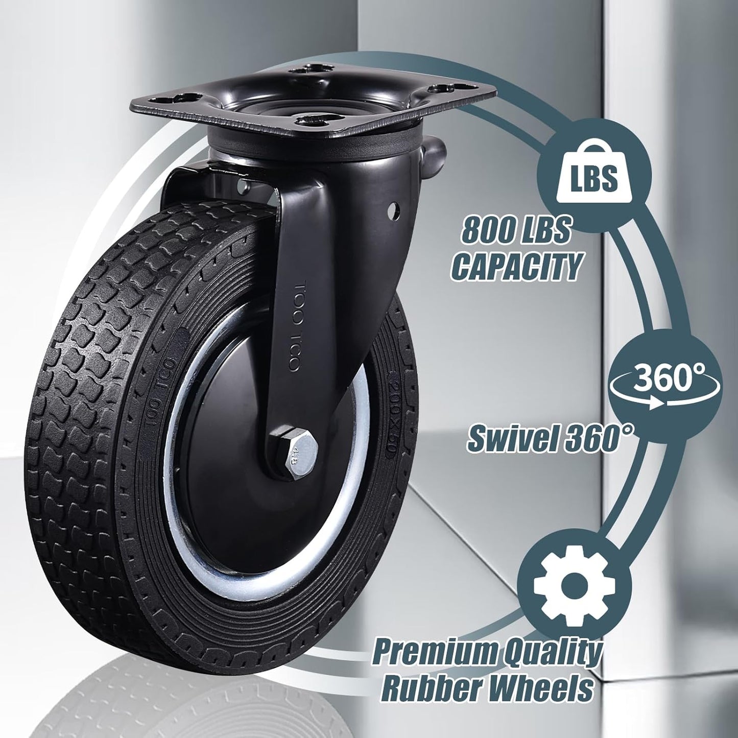 8 Inch Heavy Duty Caster Wheels Set of 4 (2 Swivel, 2 Fixed) 3200LBS Capacity Industrial Rubber Casters