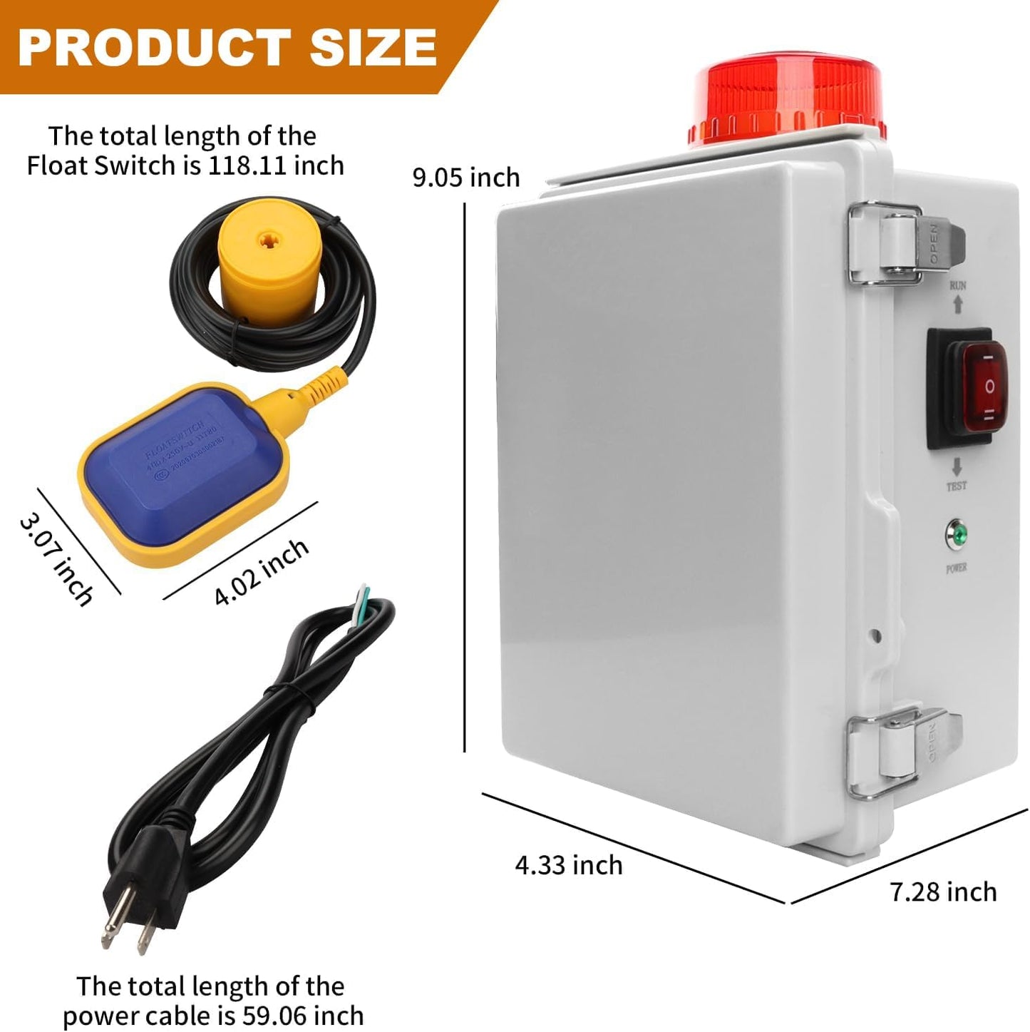 Upgraded Septic Control Panel with Septic Alarm, Pump Circuit Breaker, 14 AWG Power Cord, Float Switch, Etc.