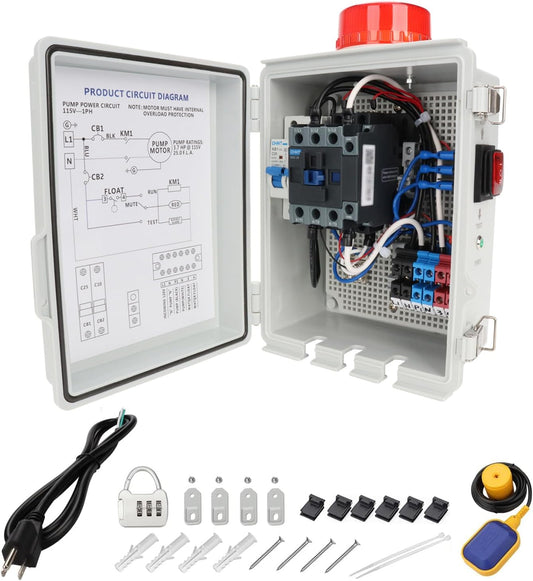 Upgraded Septic Control Panel with Septic Alarm, Pump Circuit Breaker, 14 AWG Power Cord, Float Switch, Etc.