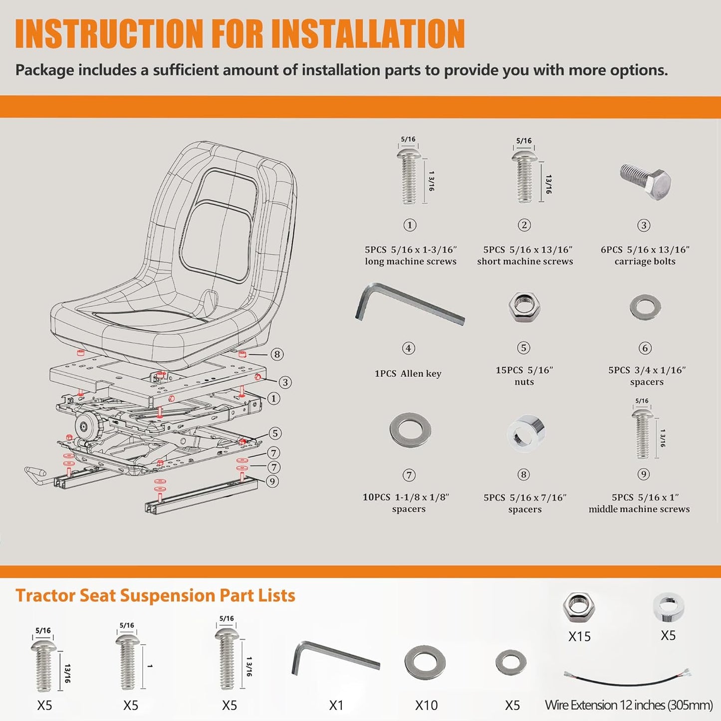 Universal Seat Suspension Kit w/o Seat Slider, Fit for Zero Turn Lawn Mower, Tractor, Forklift, Compatible with Most