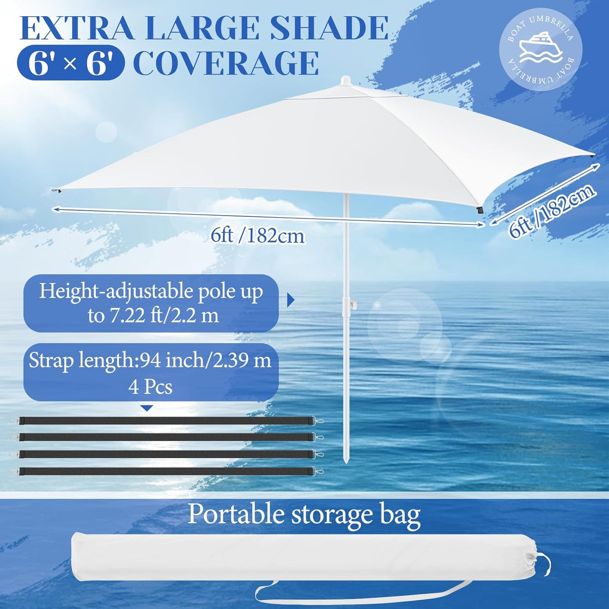 Boat Umbrella Canopy Boat Sun Shade Kit 6' x 6' Waterproof Bimini Top Cover Thickened Straps up to 94 Inches Long with D-Shaped Buckles Storage Bag(White,Classic)