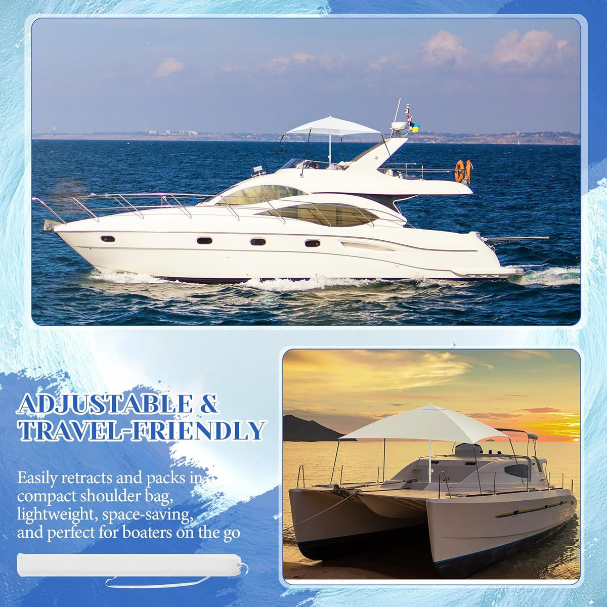 Boat Umbrella Canopy Boat Sun Shade Kit 6' x 6' Waterproof Bimini Top Cover Thickened Straps up to 94 Inches Long with D-Shaped Buckles Storage Bag(White,Classic)