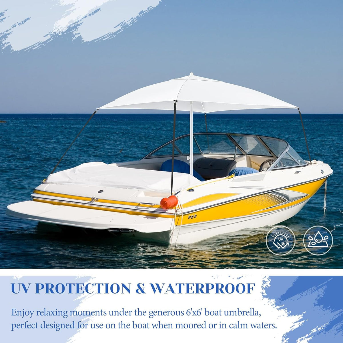 Boat Umbrella Canopy Boat Sun Shade Kit 6' x 6' Waterproof Bimini Top Cover Thickened Straps up to 94 Inches Long with D-Shaped Buckles Storage Bag(White,Classic)