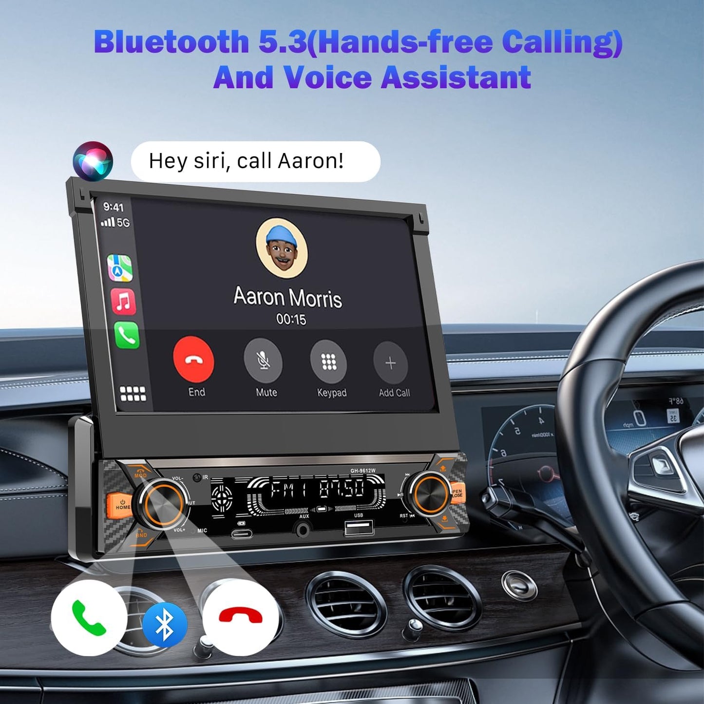 Single Din Car Radio Touchscreen (7' Motorized Flip Out) Android/Apple Compatible, BT, Type-C