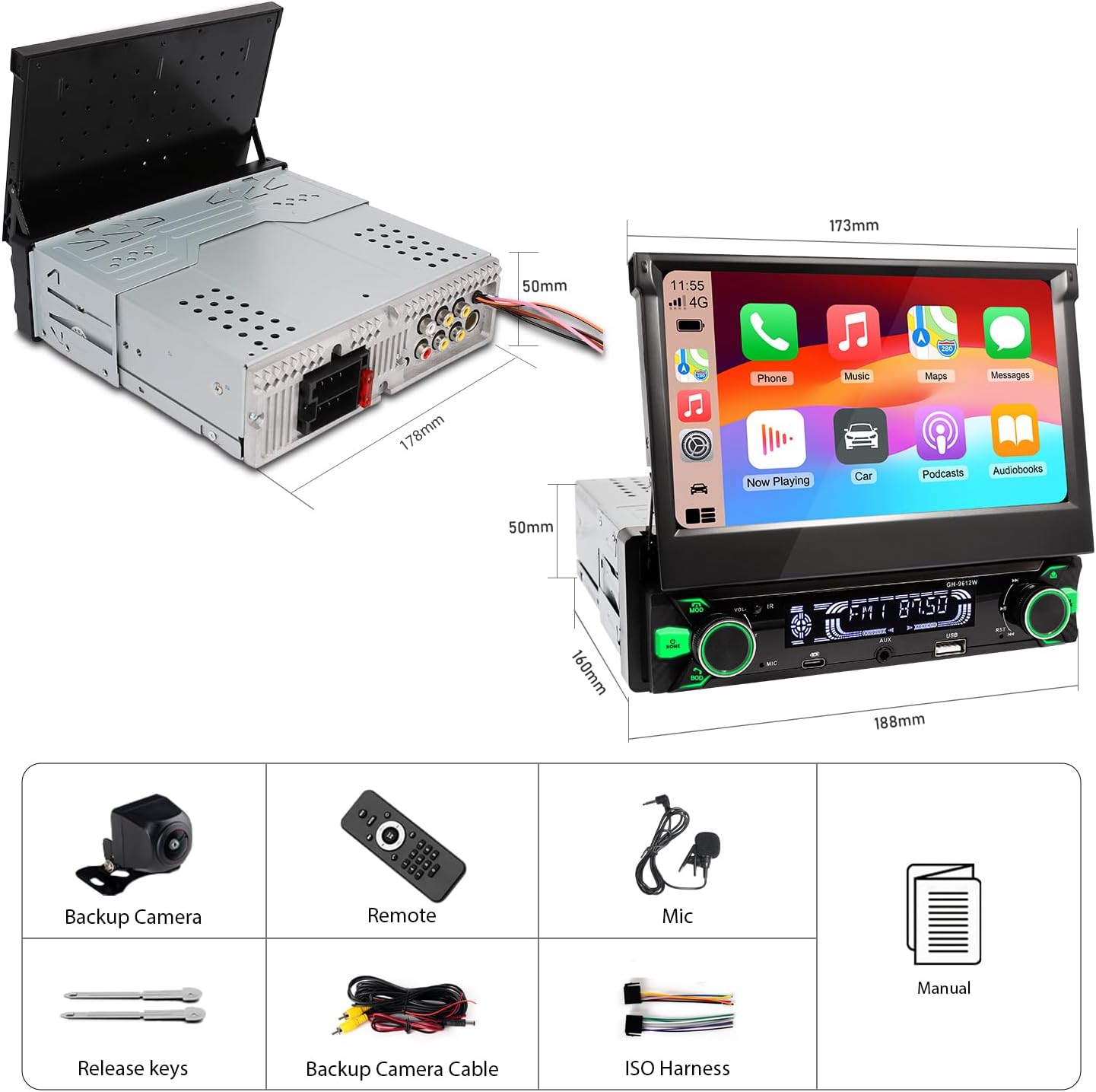 Single Din Car Radio Touchscreen (7' Motorized Flip Out) Android/Apple Compatible, BT, Type-C