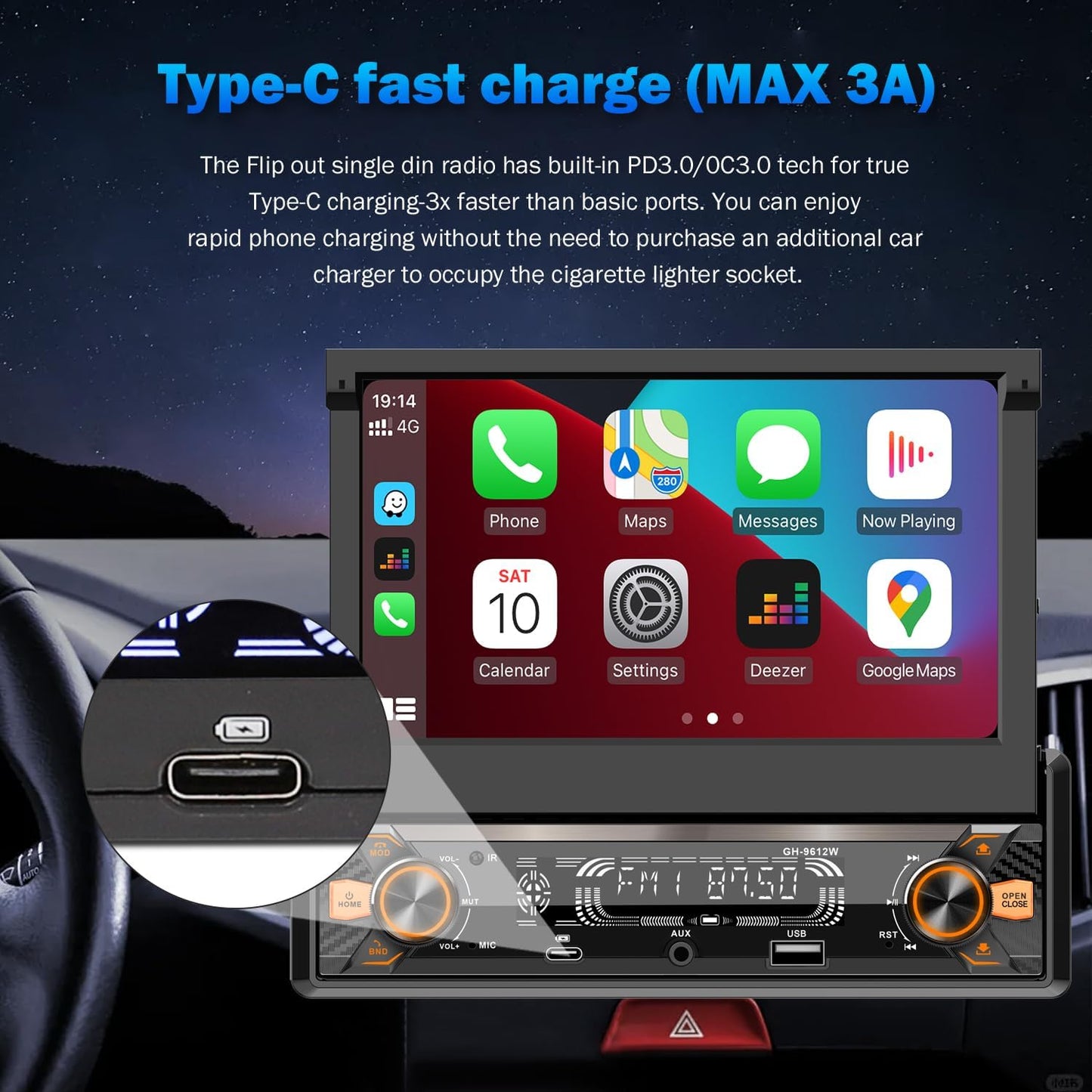 Single Din Car Radio Touchscreen (7' Motorized Flip Out) Android/Apple Compatible, BT, Type-C