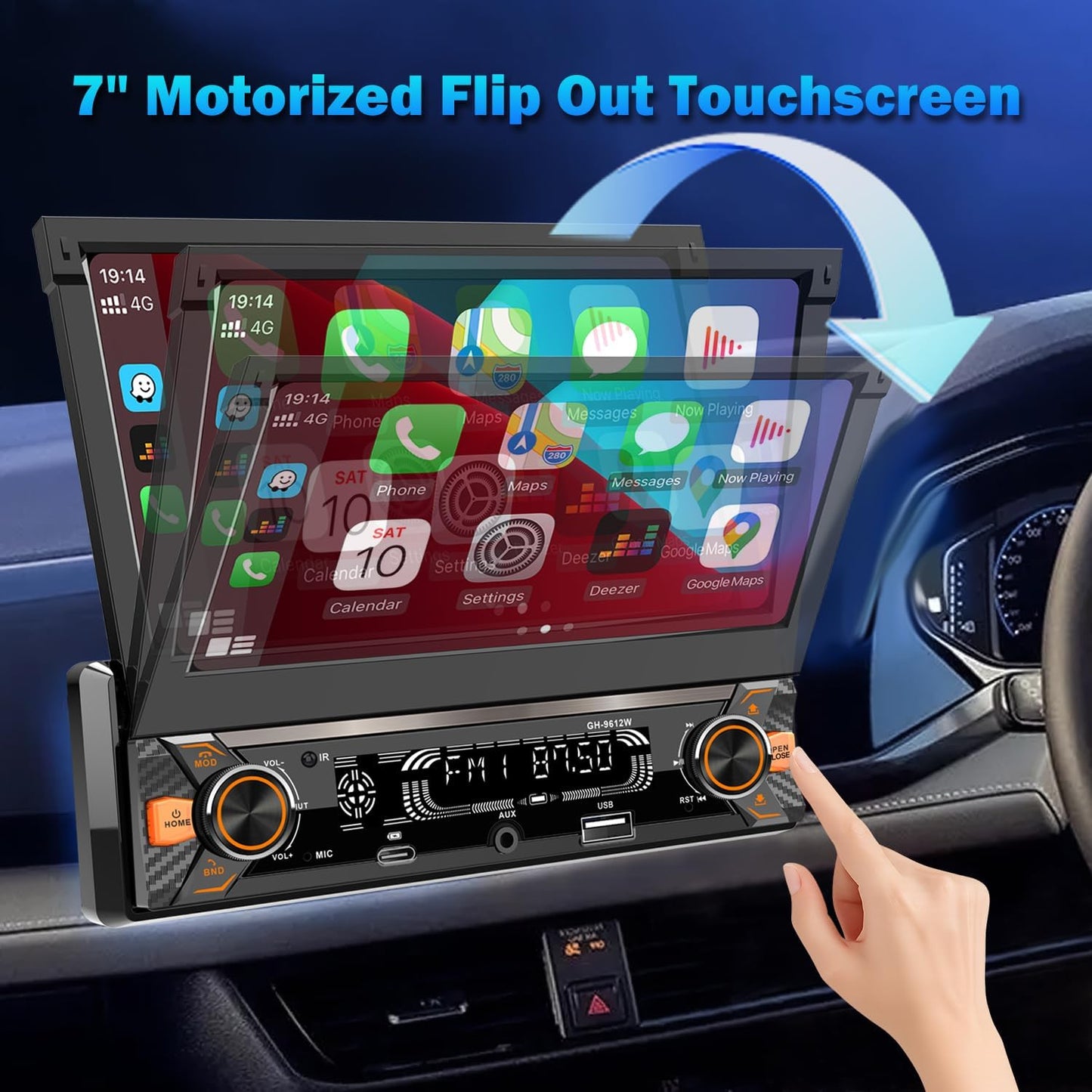Single Din Car Radio Touchscreen (7' Motorized Flip Out) Android/Apple Compatible, BT, Type-C